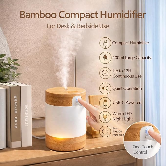 Bamboo Ultrasonic Mini Humidifier, 400ml Quiet Desktop Humidifier - Image 7