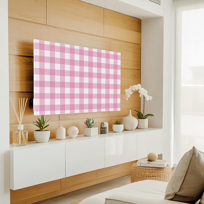 Minimalist Pink Buffalo Lattice Indoor TV Cover, Elastic TV Screen Protector - Image 2