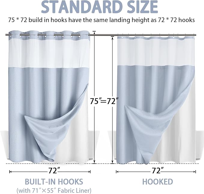 No Hook Shower Curtain and Liner Set, Mist Blue Hotel Waffle Shower Curtain - Image 6