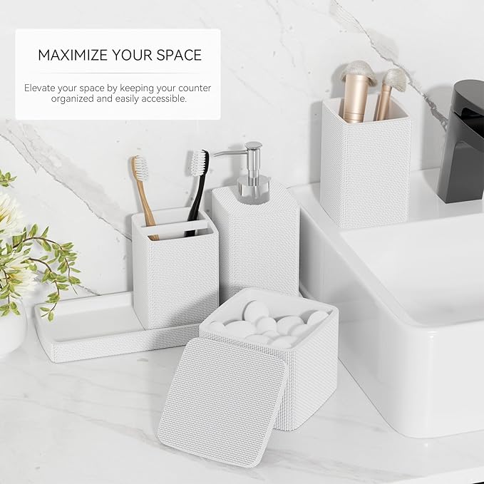 White Bathroom Accessories Set 5 Pieces, Resin Toothbrush Holders Set Complete - Image 2