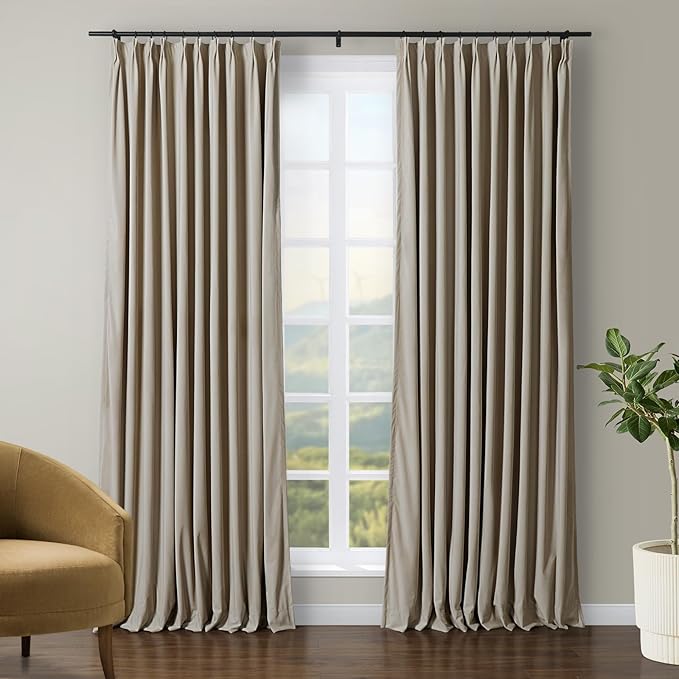 TWOPAGES Luxury Velvet Curtain Pinch Pleated Light Khaki Curtain 84 inch Long by TWOPAGES