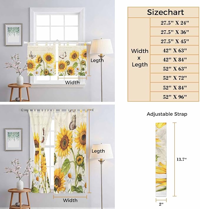 Farm Sunflowers Bedroom Curtains 63 Inch Length, Window Curtains Tab Top - Image 8