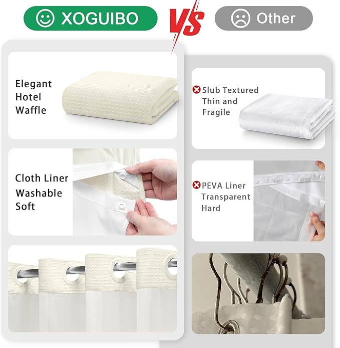 No Hook Shower Curtain and Liner Set, Cream Hotel Waffle Shower Curtain - Image 5