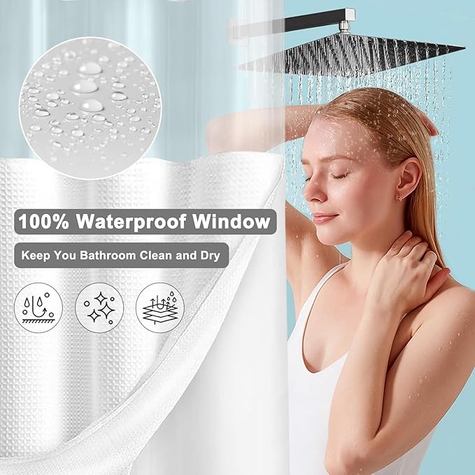 No Hook Shower Curtain with Fabric Liner White Hotel Waffle 75" L x 72" W - Image 4