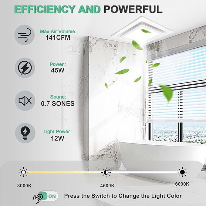 Bathroom Exhaust Fan with Light, 11.8 in Panel, 12W Square LED, 141 CFM - Image 4