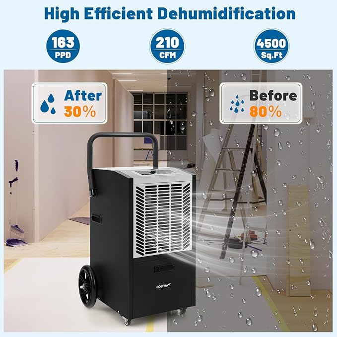 COSTWAY 163 Pints Commercial Dehumidifier, 4500 Sq.Ft Crawl Space Dehumidifier - Image 3
