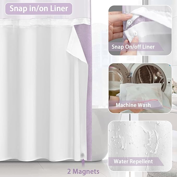 No Hook Shower Curtain and Liner Set, Lavender Hotel Waffle Shower Curtain - Image 4