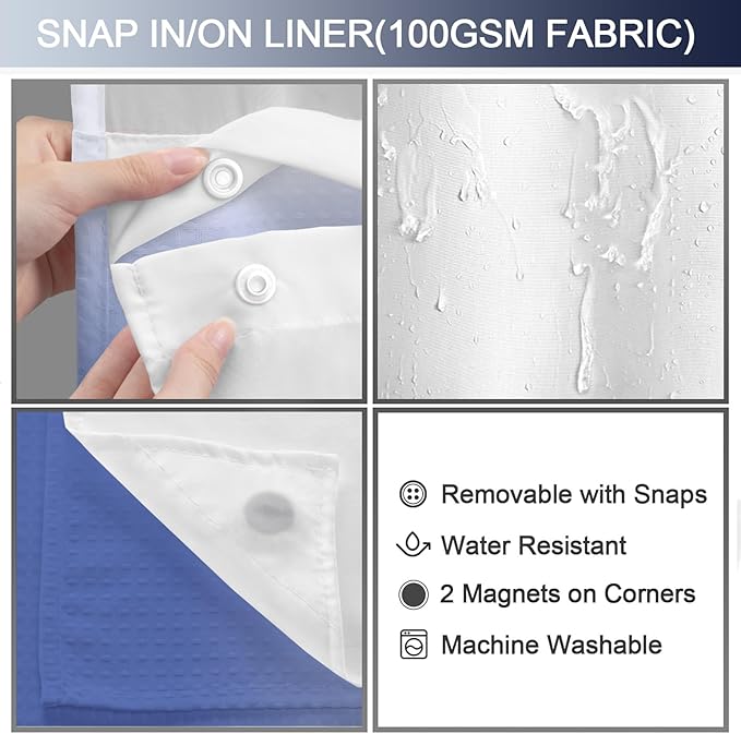 No Hook Shower Curtain and Liner Set, Ombre Light Blue Hotel Waffle Shower - Image 3