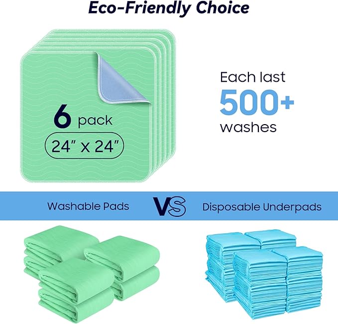 6 Pack 24” x 24” Extra Heavy Absorbency Washable Underpads, Waterproof Nursing - Image 6