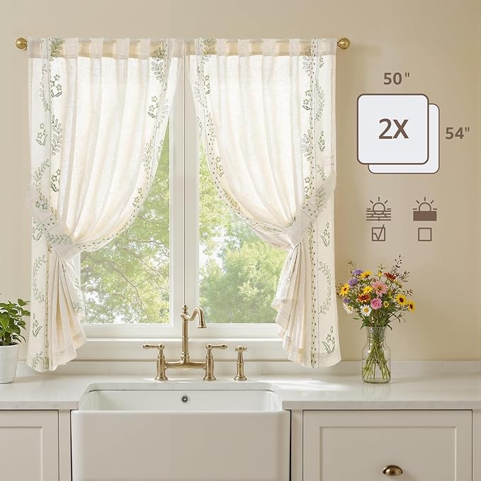 jinchan Belrose Linen Floral Cafe Curtains 54 Inch Length Embroidered Farmhouse - Image 5