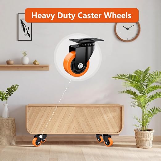 4" Swivel Plate Casters Set of 4 Heavy Duty 1200 lbs | Orange PU, Non-Marking - Image 6