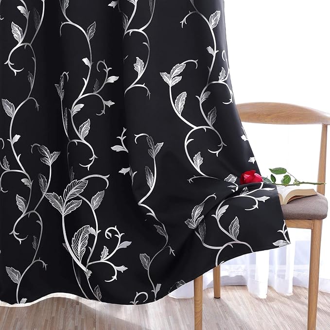 BUHUA Blackout Curtain 2 Panel Set Silver Vine Foil Print Thermal Insulated - Image 2