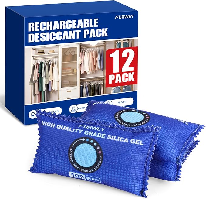 12 Pack Rechargeable Desiccant Packs, 100g Each, Color Indicating Silica Gel by FURWEY