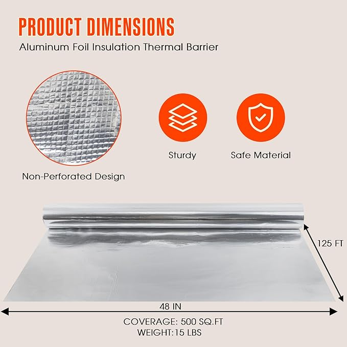 Sauna Foil Vapor Barrier, 500 sqft Aluminum Insulation Roll Heavy-Duty - Image 2
