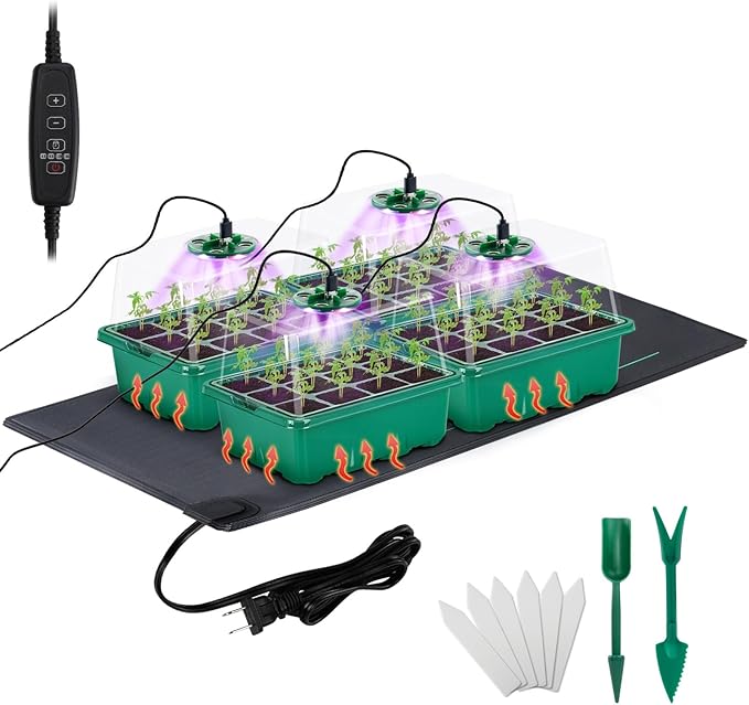 Seed Starter Tray with Grow Light & Heat Mat- 4 Pack 48 Cell Durable Easy Use by Apipi