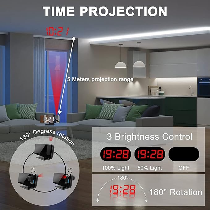 Projection Alarm Clock for Bedrooms Ceiling, Digital Clock Radio - Image 2