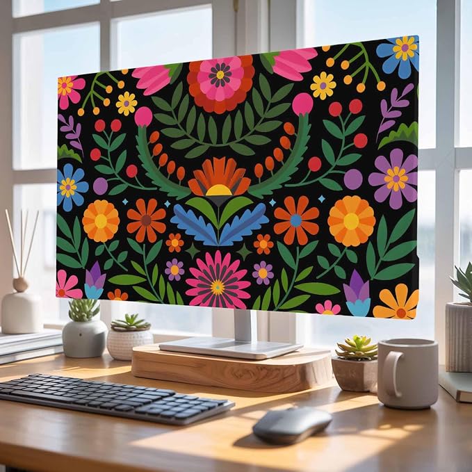 Abstract Boho Flower Floral on Black Indoor TV Cover, Elastic TV Screen - Image 5