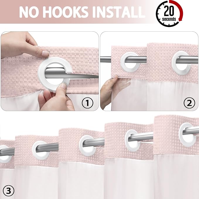 No Hook Shower Curtain and Liner Set, Blush Pink Hotel Waffle Shower Curtain - Image 2