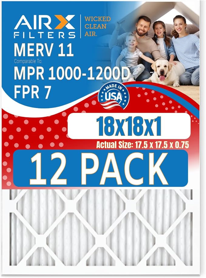 18x18x1 Air Filter MERV 11 Rating, 12 Pack of Furnace Filters Comparable to MPR by AIRXFILTERSWICKEDCLEANAIR