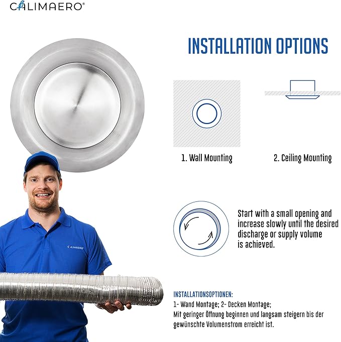 calimaero® TVE 4" Stainless Steel Vents, Round Adjustable Wall Air Vent - Image 4