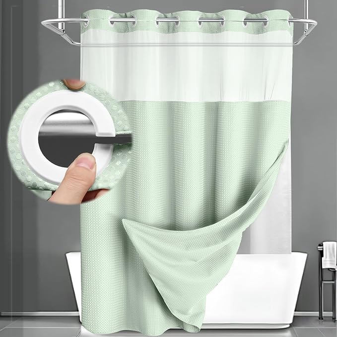 No Hook Shower Curtain and Liner Set, Mint Green Hotel Waffle Shower Curtain by Unknown