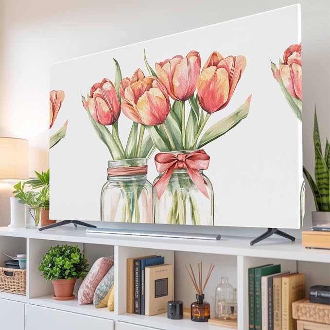 Farm Watercolor Tulip Flower Indoor TV Cover, Elastic TV Screen Protector by Unknown