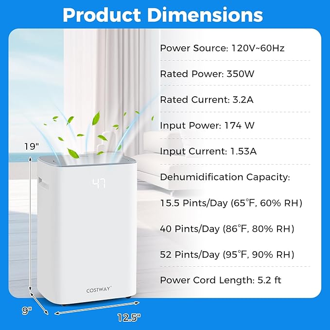 COSTWAY 52 Pint Dehumidifier for Basement, 3.3 FT Drain Hose, Clothes Drying - Image 7