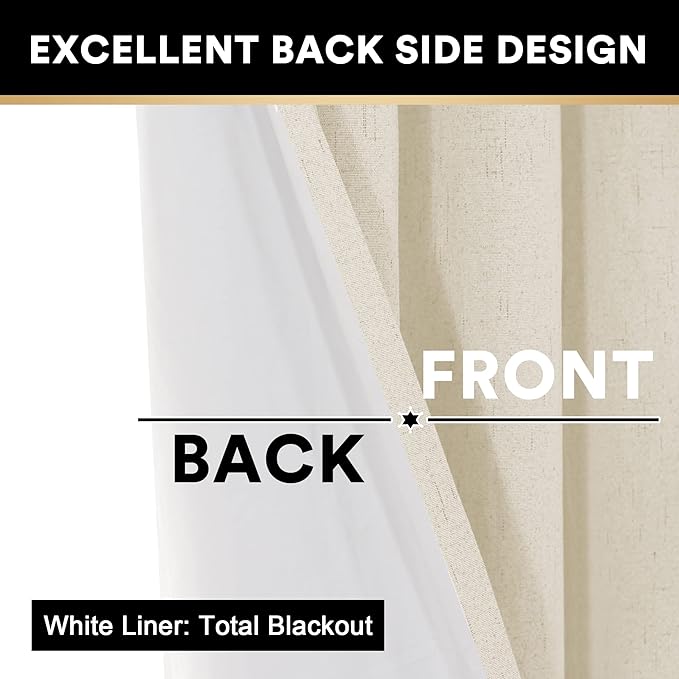 PrinceDeco 100% Blackout Curtains 96 Inches Long 2 Panels Sets Linen Black Out - Image 5