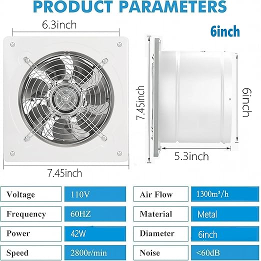 6 inch Exhaust Fan Wall Mounted Garage Ventilation Fan, 290CFM Metal Attic - Image 3