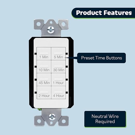 TOPGREENER Wall Countdown Timer Switch, 1-5-10-30-45 min, 1-2-4 Hour, Light - Image 6
