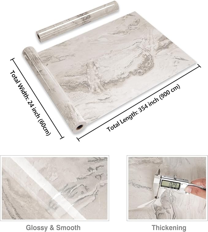 CRE8TIVE Wide 24"x354" Glossy Beige Silver Marble Wallpaper Self Adhesive - Image 8