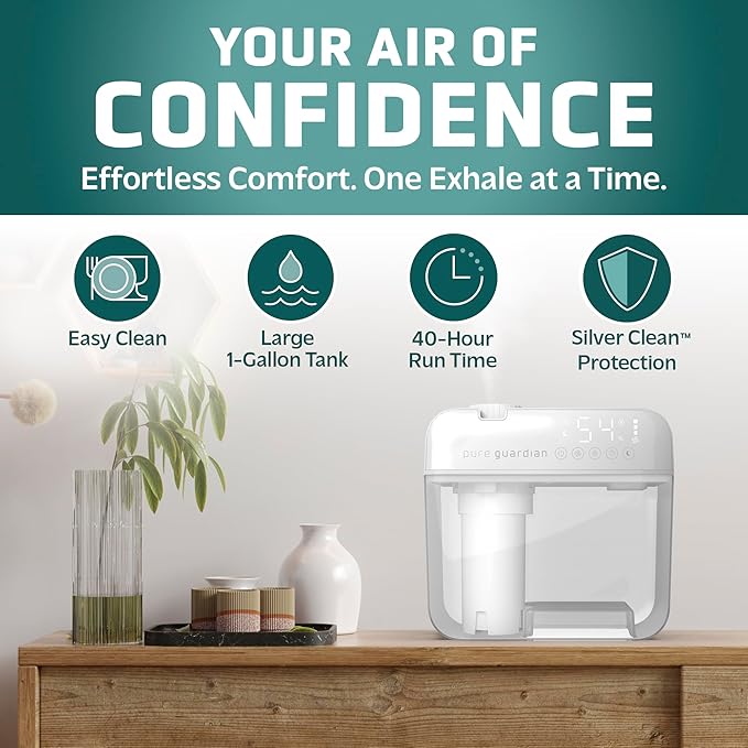 PureGuardian 1 Gallon, Cool Mist Ultrasonic Humidifier, 48-Hour Run Time - Image 2