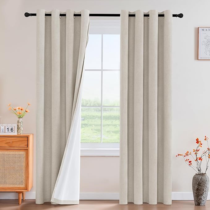 PrinceDeco 100% Blackout Linen Curtains 96 Inch Long Nature Burlap Fabric Black by PrinceDeco