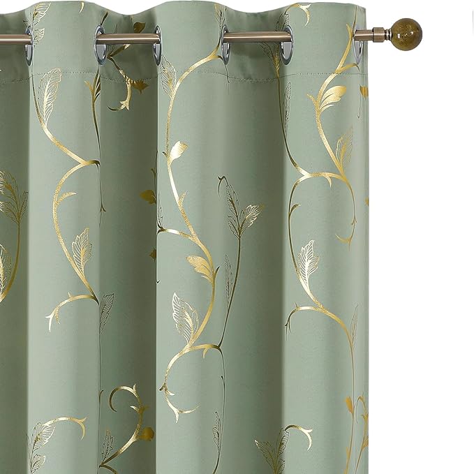 BUHUA Blackout Curtains Gold Foil Print Flower Vine Grommet Drapes, Room by BUHUA