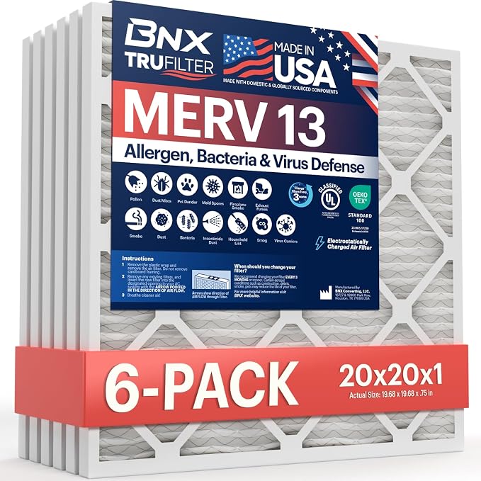 BNX 20x20x1 Air Filter MERV 13 HVAC AC Furnace Dust Pet Allergen 6-Pack | by BNX