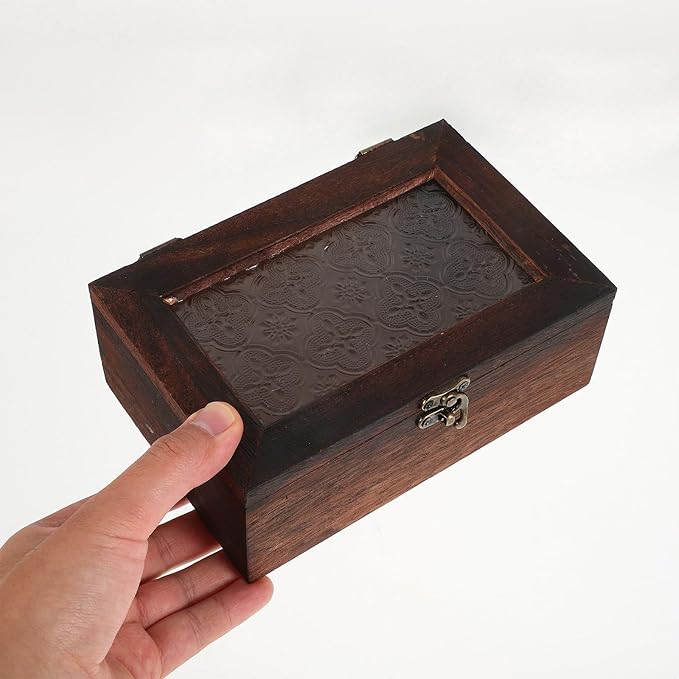 Wood Jewelry Box with Glass Lid and Metal Clasp Vintage Flower Jewelry Trinket - Image 3