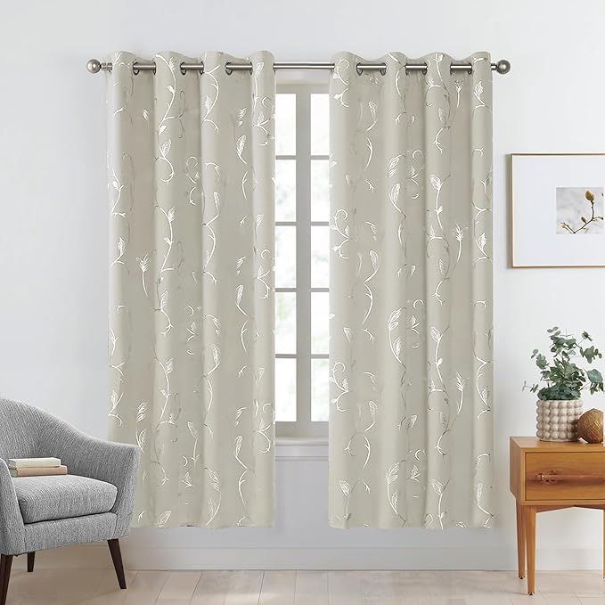 BUHUA Blackout Curtains Silver Foil Print Flower Vine Grommet Drapes, Room - Image 2