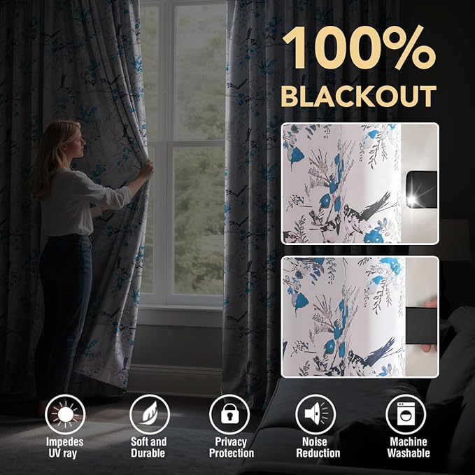 H.VERSAILTEX Floral 100% Blackout Vintage Curtains 63 inch Length 2 Panels Blue - Image 3