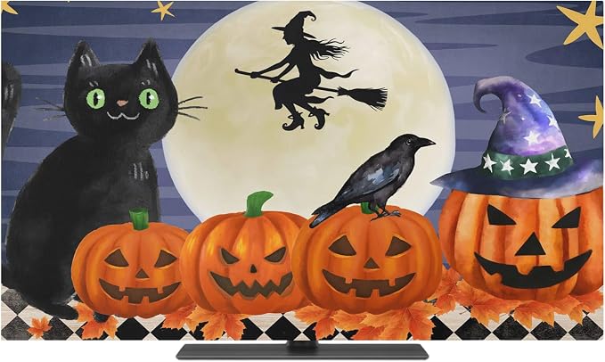 Pumpkin Black Cat Halloween Witch Indoor TV Cover, Elastic TV Screen Protector - Image 2