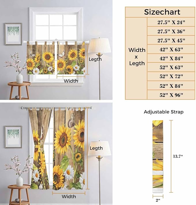 Farmhouse Sunflowers Living Room Curtains 96 Inch Length, Window Curtains Tab - Image 8