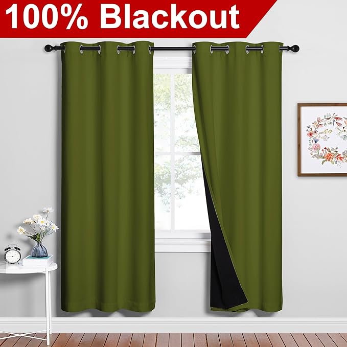 NICETOWN 100% Blackout Window Curtain Panels, Olive Green, 2 Pieces, 42-inch - Image 2
