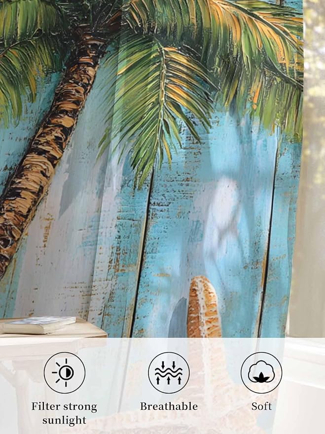 Sheer Curtains 63 Inch Length, Coastal Beach Tree Semi Sheer Curtains Light - Image 6