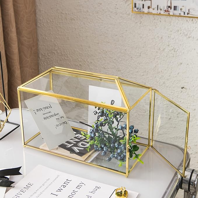 Glass Wedding Card Box with Slot, 12.6 inch Large Clear Card Box Gold Brass - Image 2