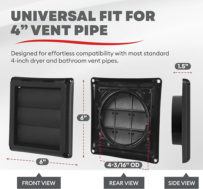 Deflecto Supurr-Vent 4” Outdoor Dryer Vent Cover Black Louvered Wall Hood - Image 3