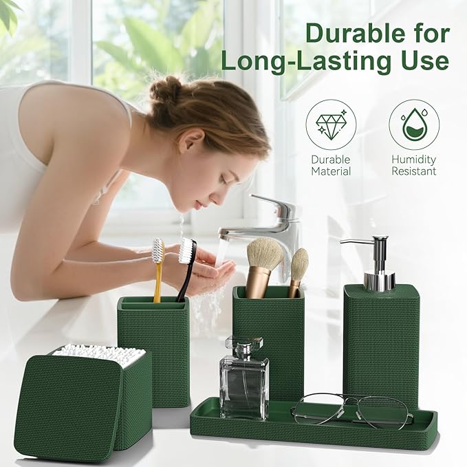 Dark Green Bathroom Accessories Set 5 Pieces, Resin Toothbrush Holders Set - Image 3
