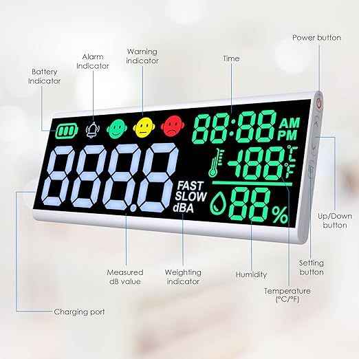 Decibel Meter 13 inches 30~130dB Sound Level Meter, Large LCD Display Wall - Image 9