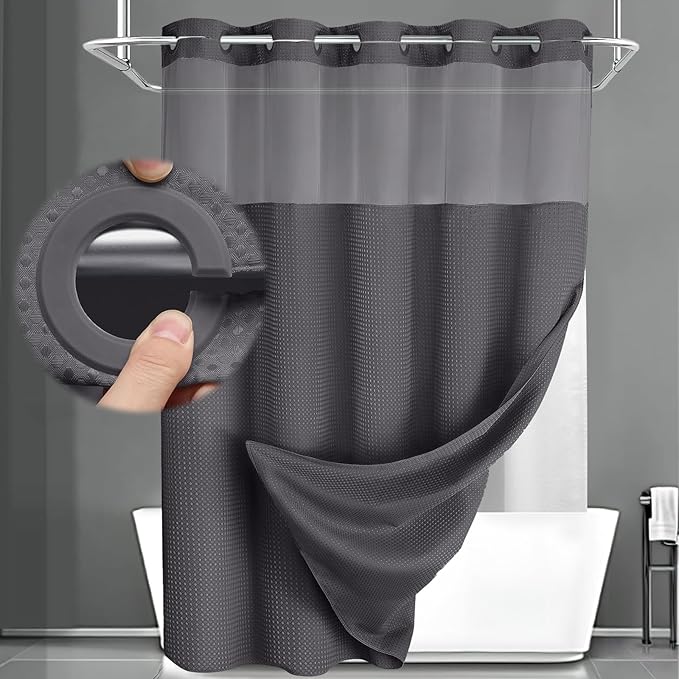 No Hook Shower Curtain and Liner Set, Dark Grey Hotel Waffle Shower Curtain by Unknown