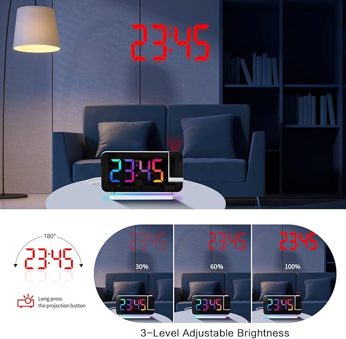 Projection Alarm Clock for Bedroom Ceiling, RGB Digital Clocks - Image 2