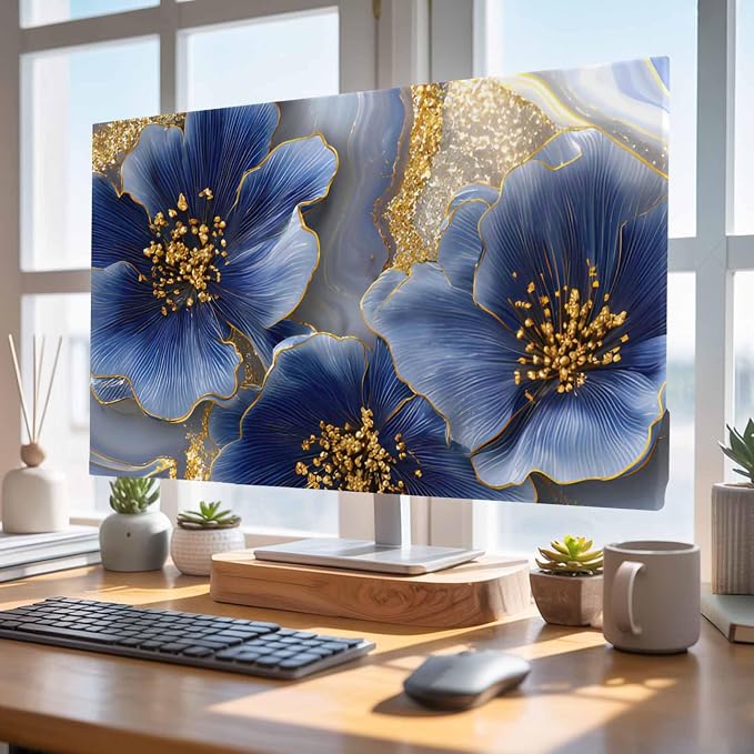 Watercolor Blue Flower Abstract Gold Indoor TV Cover, Elastic TV Screen by Unknown
