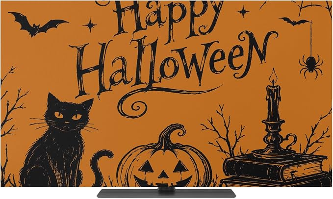Halloween Black Cat Pumpkin Dead Trees Indoor TV Cover, Elastic TV Screen - Image 2